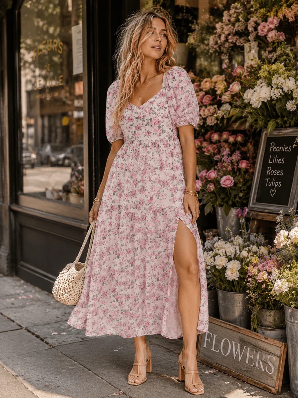 210 • Floral Puff-Sleeve Pink Maxi Dress With Roses Print